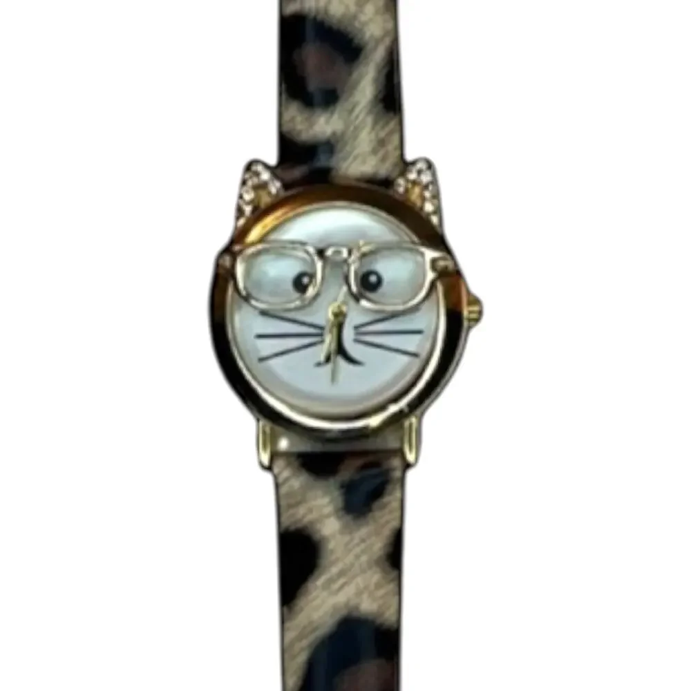 Cat Face Leopard Print Watch With Glasses Dial Kitsch Catlady Librarycore